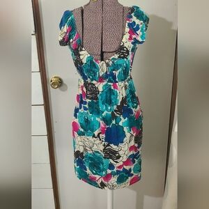 Womens Lunch Floral Multi Color Scoop Neck Mini Dress Size Large